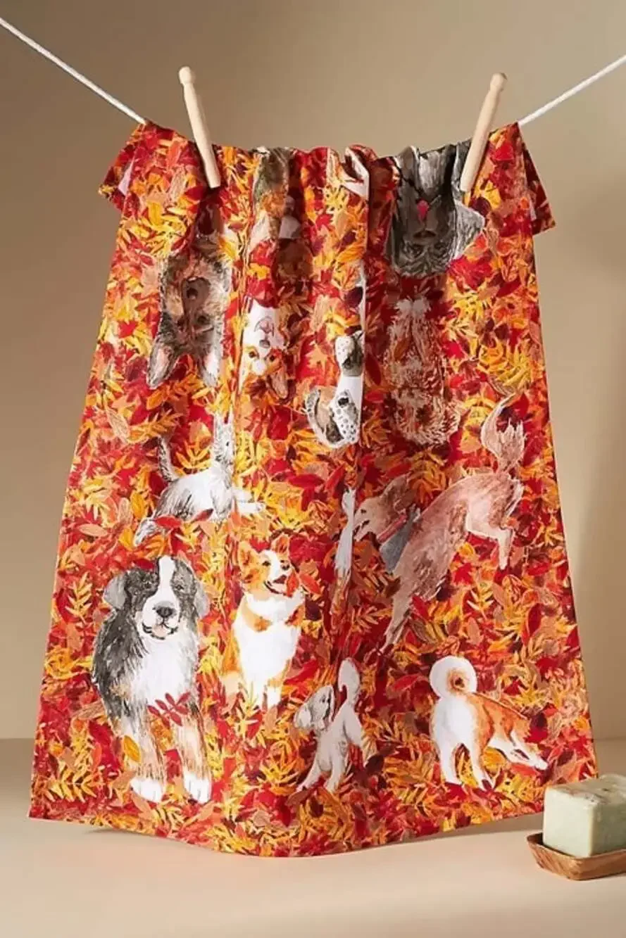 NWT Anthropologie  Dogs in Autumn Leaves  Dish Towel